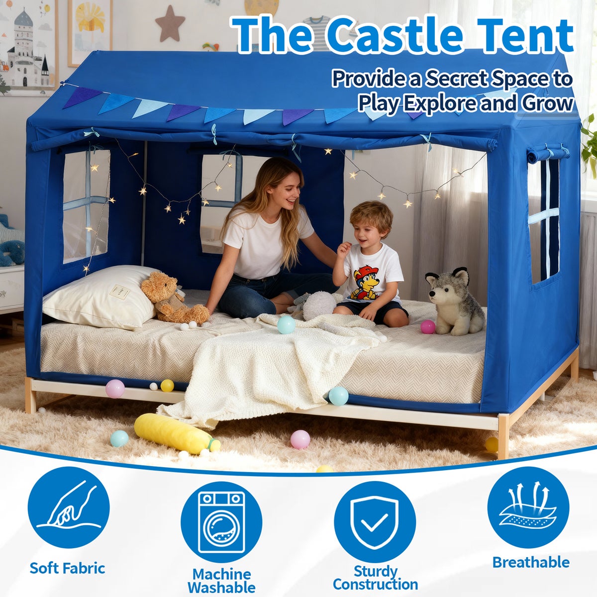 Tente pour lit enfant, cabane princesse avec lumières étoilées, espace privé respirant, tente lecture pour garçons et filles, bleu - 4