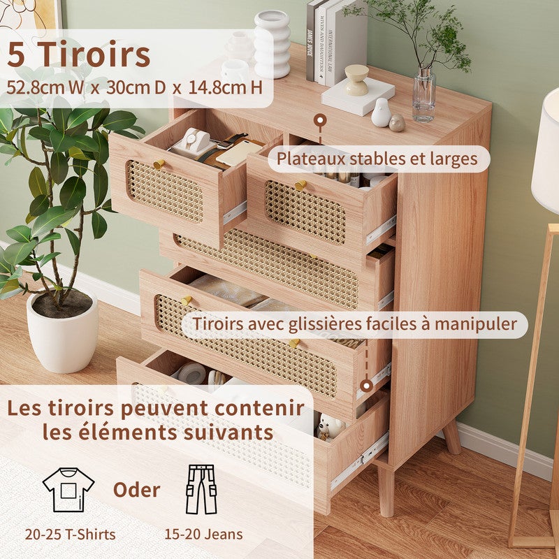 Commode à 5 tiroirs, structure en bois, finition rotin, buffet, meuble de rangement, couleur bois naturel - 9