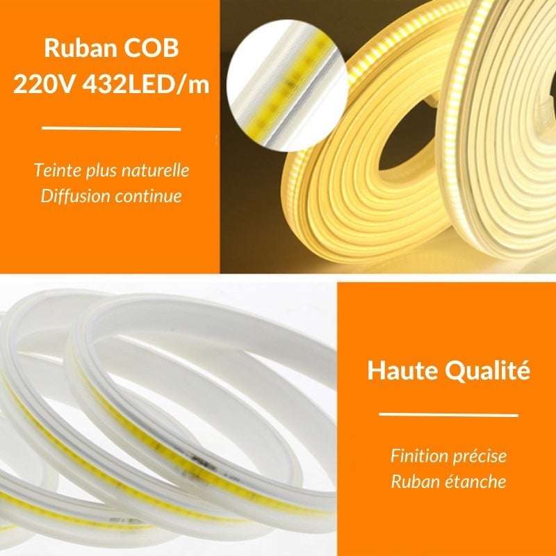Ruban LED COB 220V IP65 432LED/m (vendu sur mesure au mètre) - Blanc Froid 6000K - 8000K - SILAMP - 6