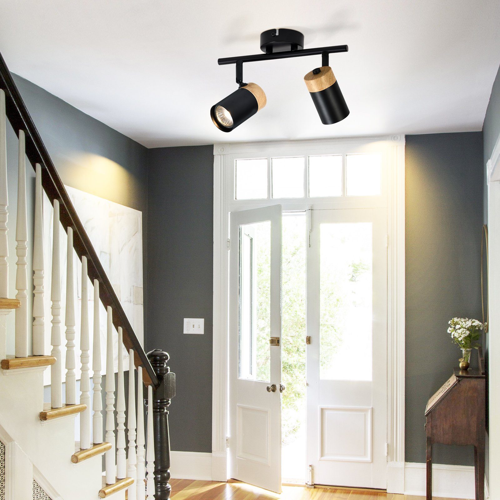 NETTLIFE Plafonnier 2 spots de bois noir GU10 LED orientable 330° pour couloir garage salon cuisine sans ampoule - 7