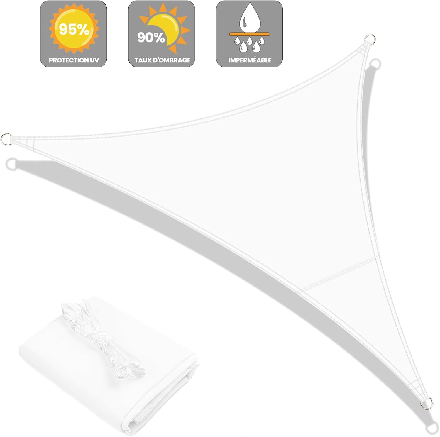 Voile d'ombrage Triangulaire Imperméable 3x3x3m Toile Ombrage PES avec 95% UV Protection pour Patio Extérieur Jardin Terrasse, Blanc - 2
