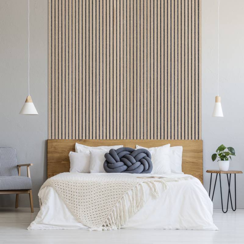 Mur TV - Lot de 5 Panneau tasseaux bois 250 x 30 x 1,9 cm - Décor chêne / Feutrine grise - 3,75M² - 3