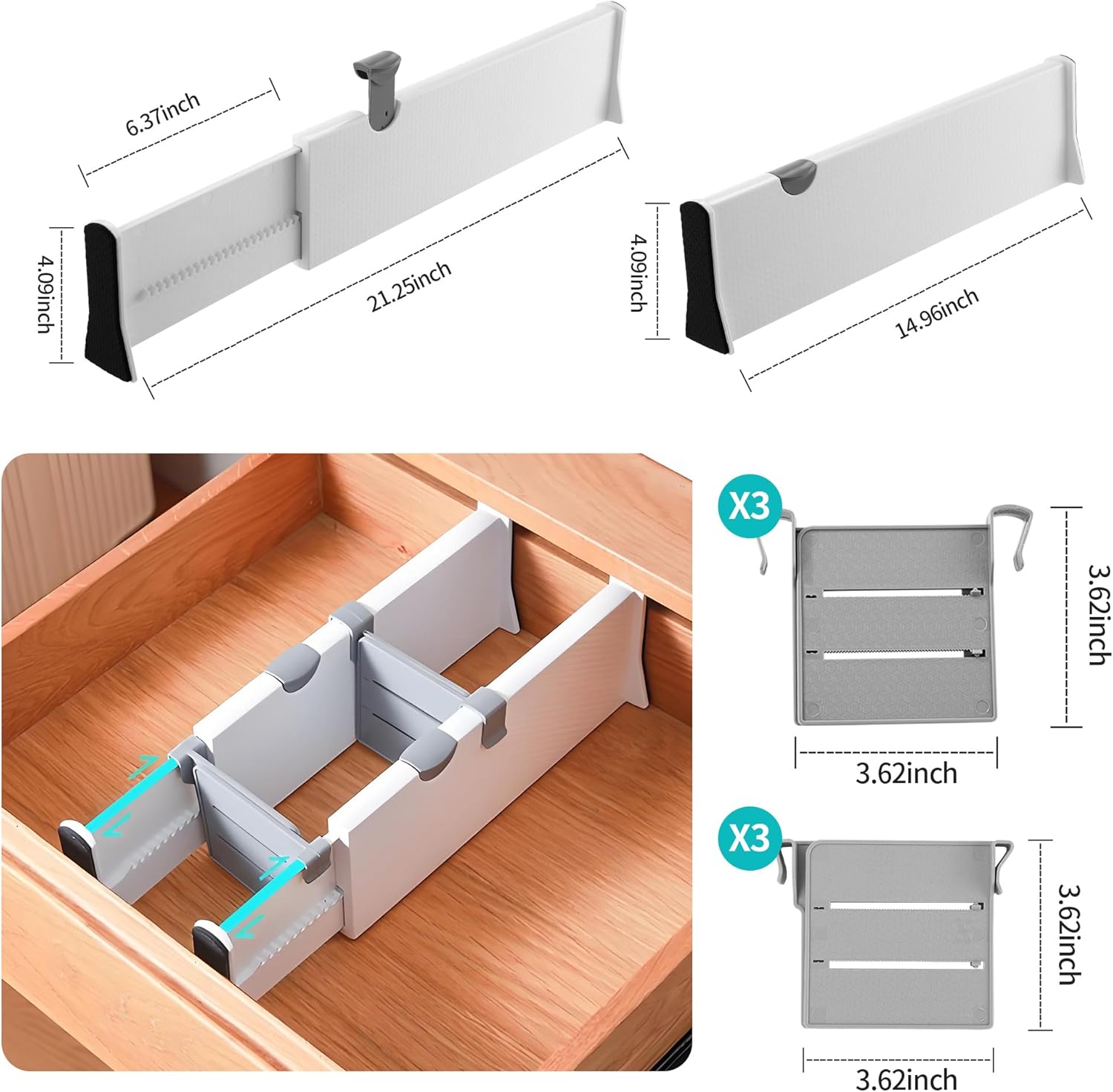 SENENQU Set di 4 divisori per cassetti estensibili, 27,8-43,5 cm, in plastica, organizer per cassetti da cucina, regolabile, per abbigliamento