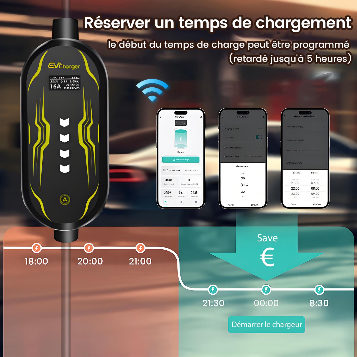 Carregador EV portátil Tipo 2 Carregador de isqueiro elétrico 3.5kW Trifásico, 6-16A 240V com visor digital controlável por aplicação, cabo de carr - 3
