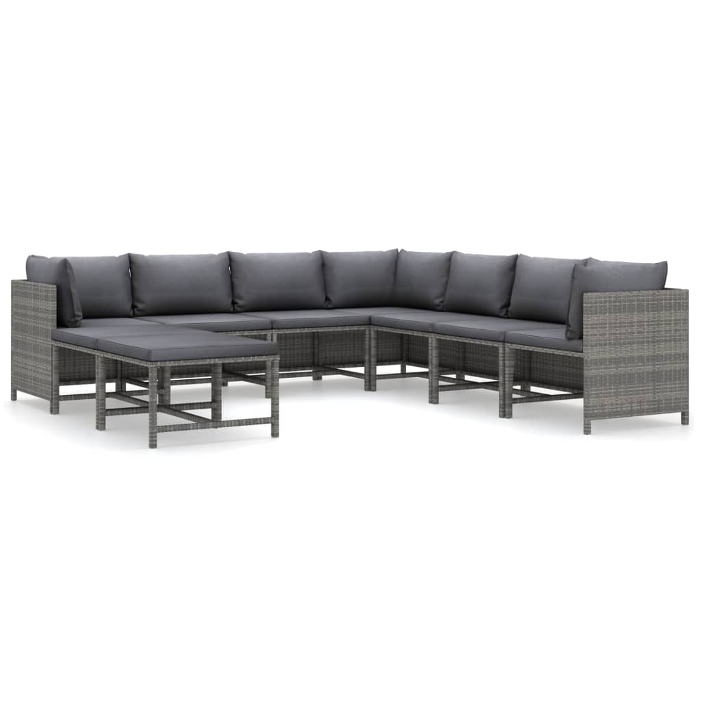 Set de muebles de jardín 9 pzas y cojines ratán sintético gris Leroy