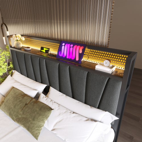 Lit coffre 180x200 cm Lit Double lit Rembourré avec LED Contrôlée par App et Chargeur USB - Structure Métal et Sommier Bois - Moderne - Gris - 5