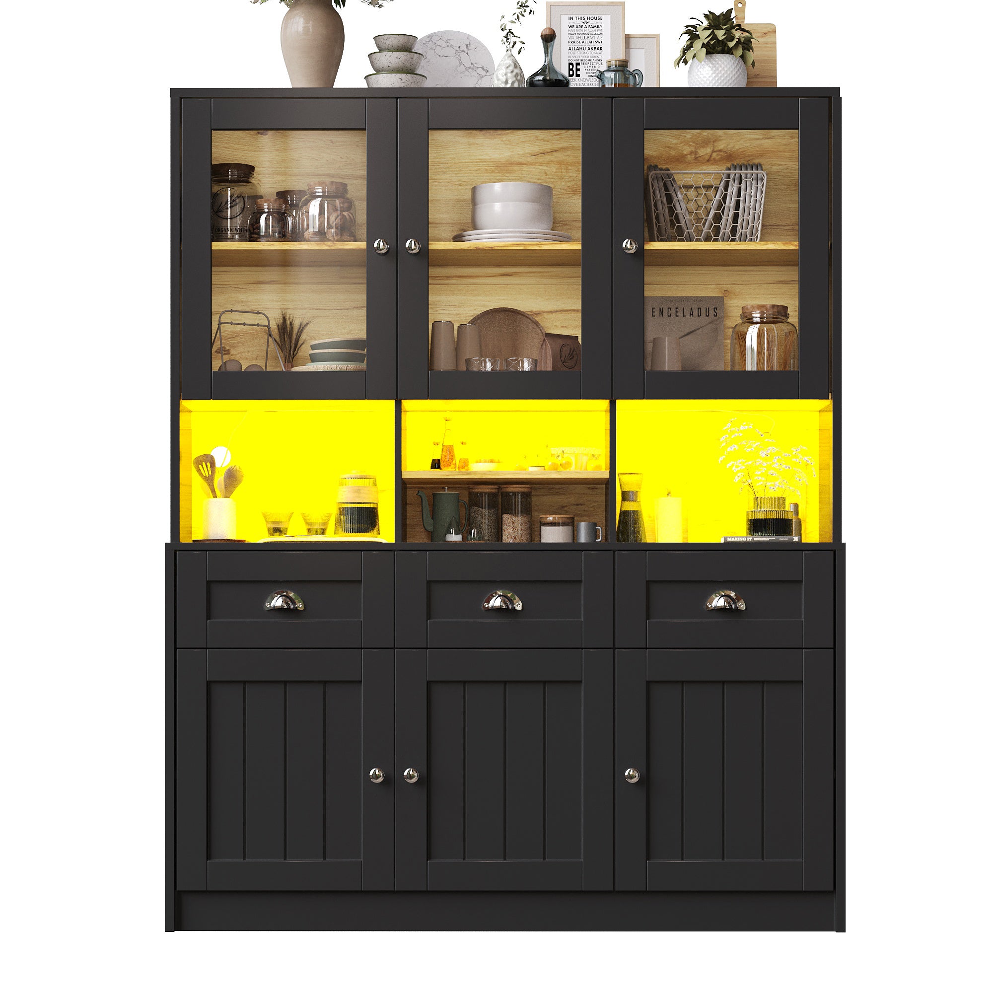 Buffet de cuisine avec 6 portes et 3 tiroirs, vitrine - 140 x 40 x 175 cm - LEDs - MDF - Noir - 7