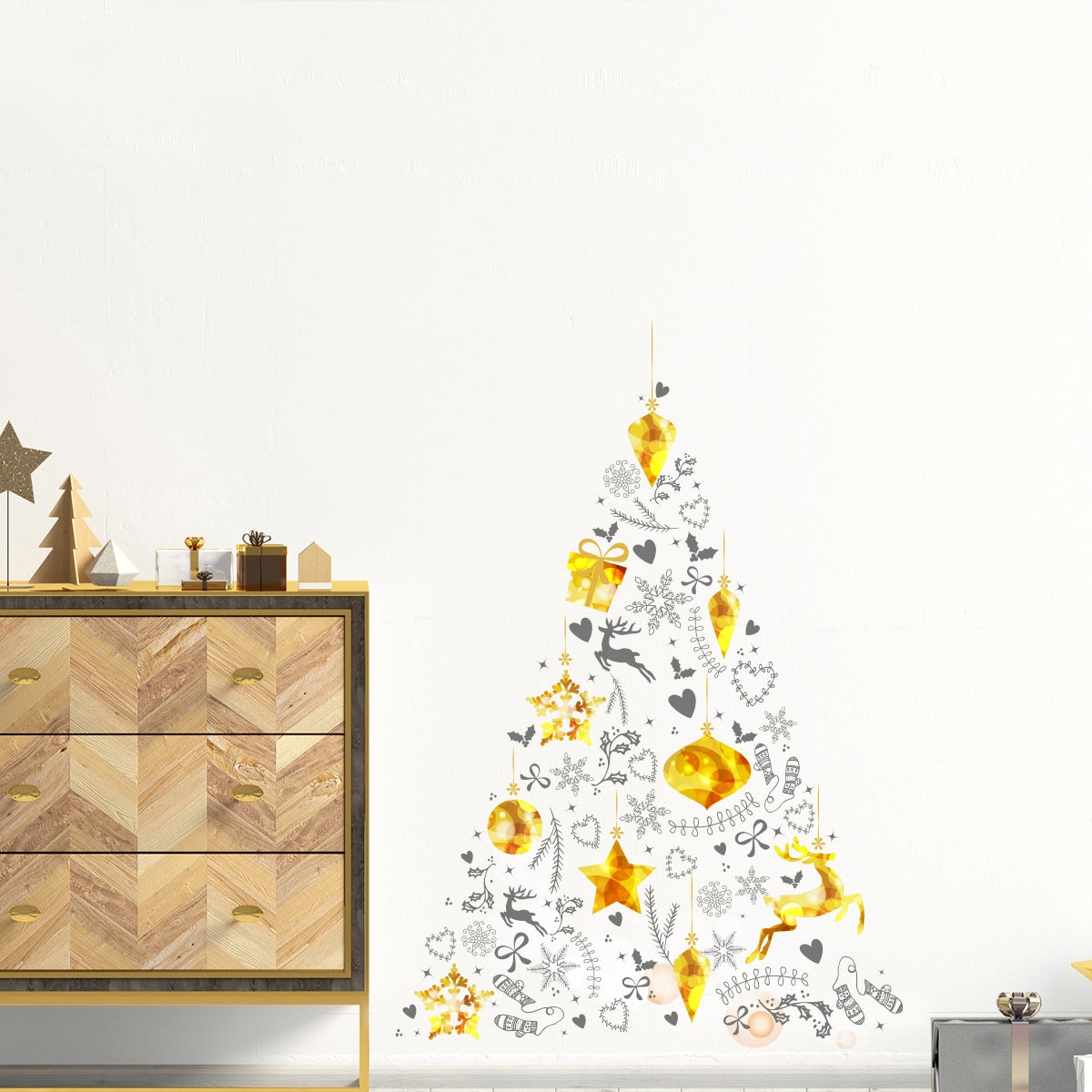 Sticker Noël sapin de noël doré et gris - Autocollants stickers adhésifs noël - décoration fêtes - 70x50cm - 3