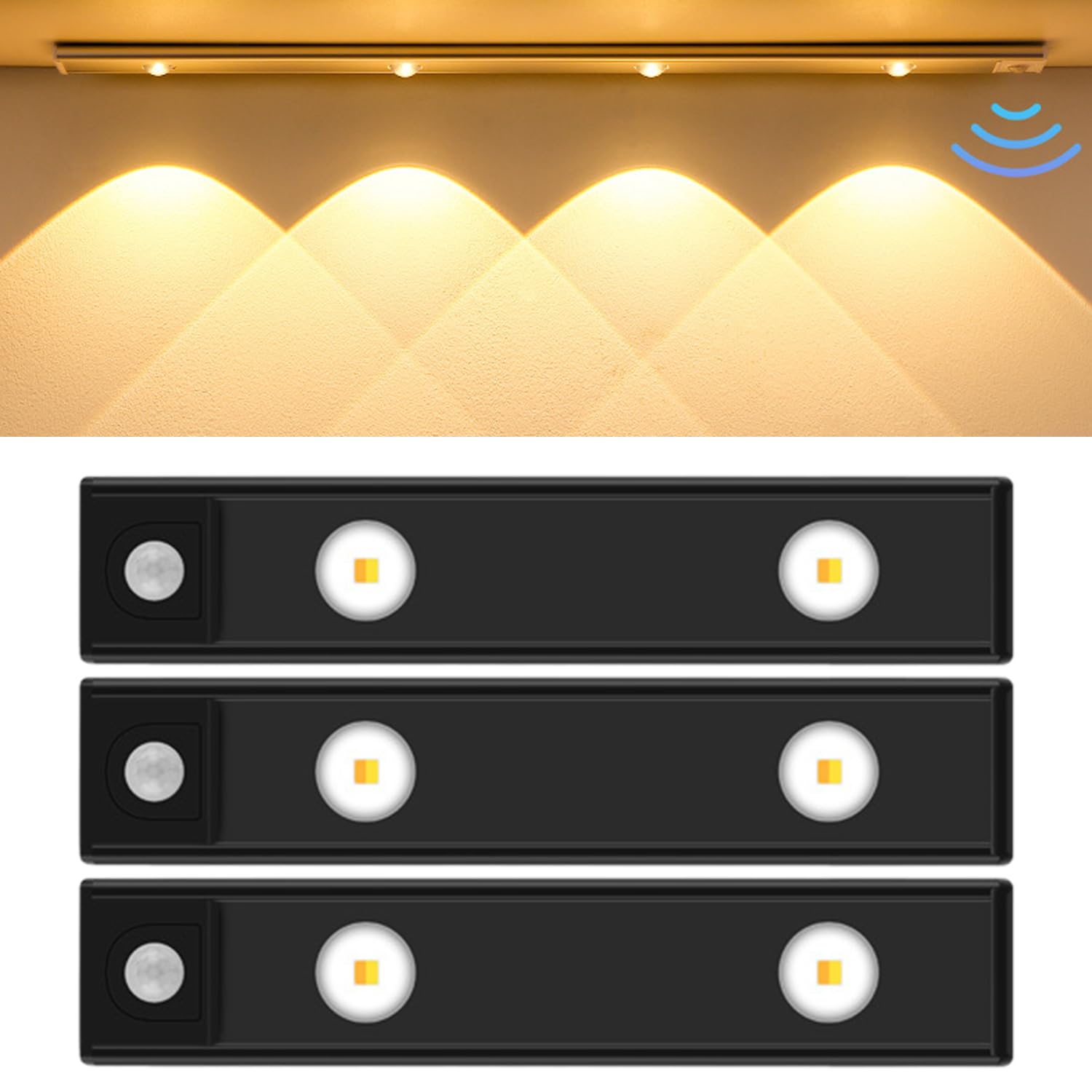 Zestaw 3 lamp LED do szafy, lampki do szafki podblatowej z czujnikiem ruchu, lampka nocna ładowana przez USB, czarna, 30 cm
