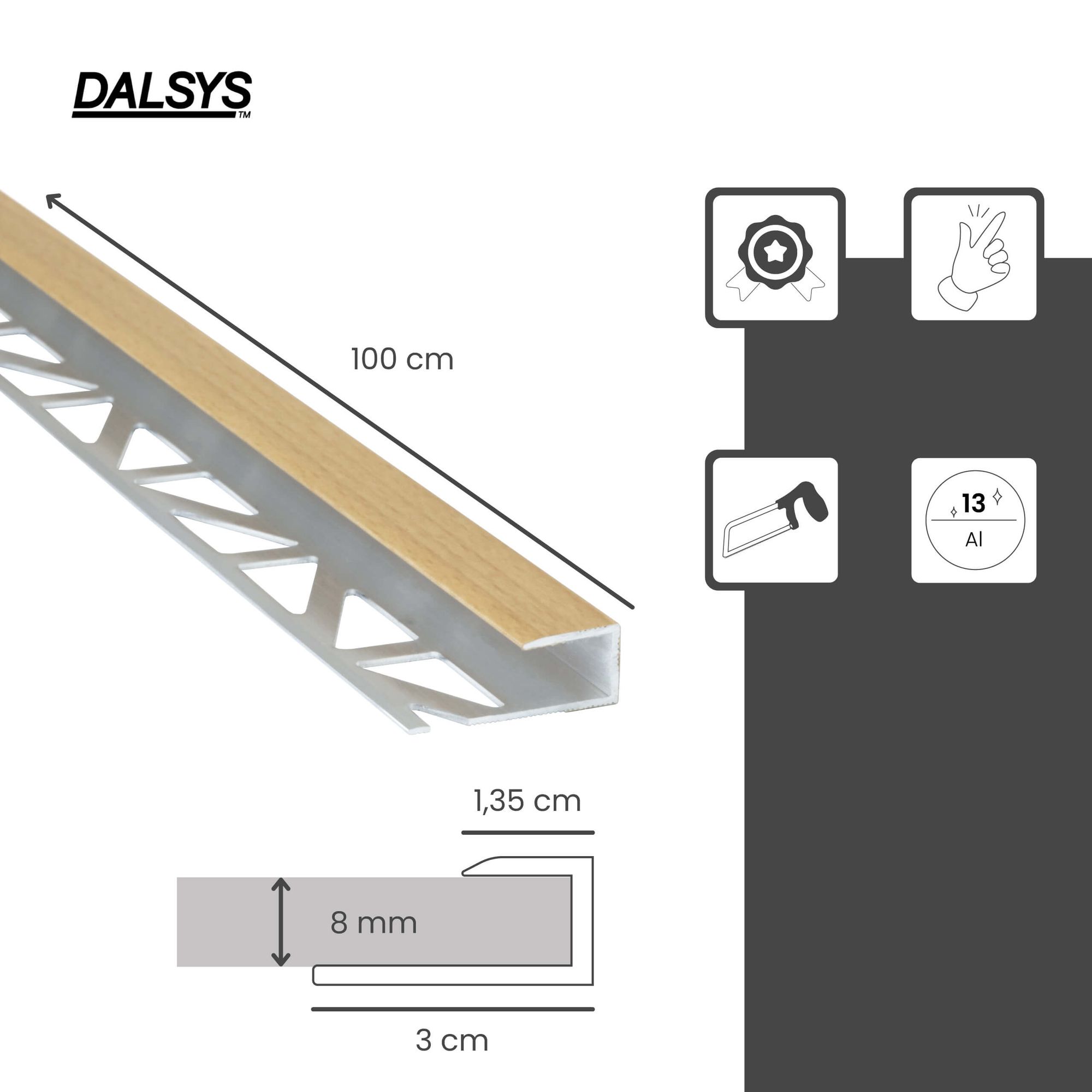 Profil de transition 100 cm pour revêtements 8 mm, à sceller lors du carrelage, aluminium décor hêtre - Dalsys - 2