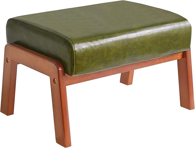10.2”h pequeño reposapiés otomana, rectángulo pu reposapiés taburete con asiento acolchado y patas de madera, verde oscuro wbd013gr