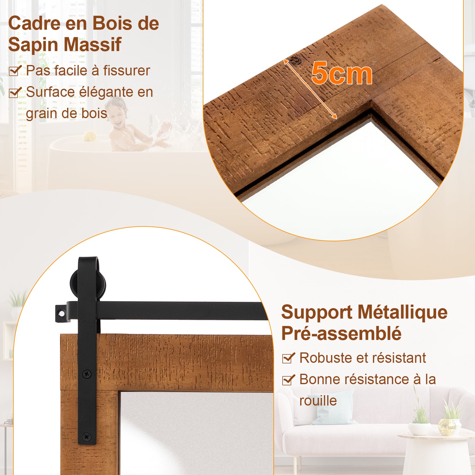 Miroir Mural Rectangulaire 100 X 66CM, Cadre en Bois Massif, Style Porte de Grange, Support en Métal, Réflexion HD, Grand Miroir Mural Rustique,Marron - 4