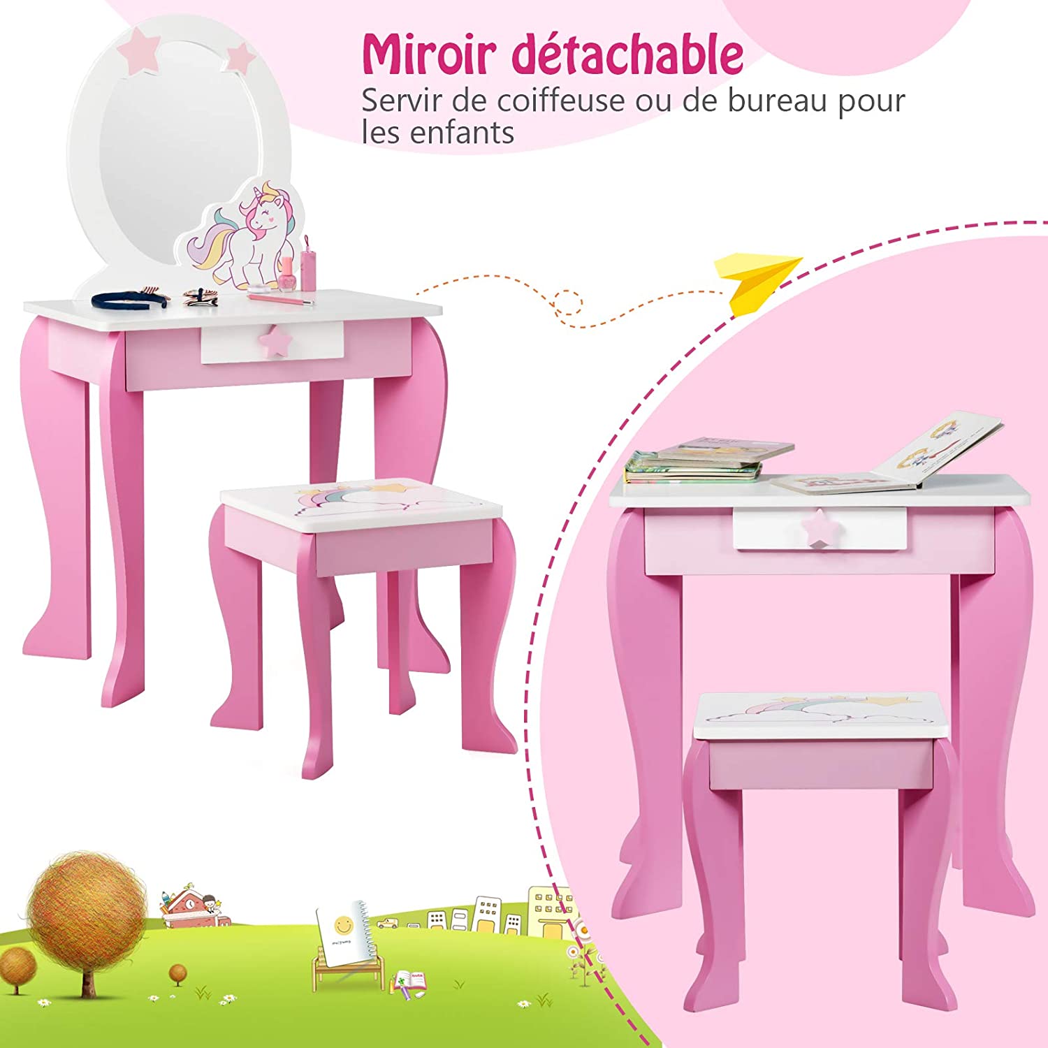 Set Toeletta per Ragazza, Toeletta Trucco per Bambini con Sgabello, Specchio Staccabile e Cassetto, Postazione Trucco in Legno per Cameretta 4 - 2