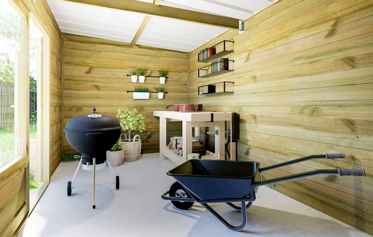 ABRI DE JARDIN bois Pin traité autoclave 27mm - 4,34x2,64m / 11,5m2 - Bac acier - Plancher bois - 4
