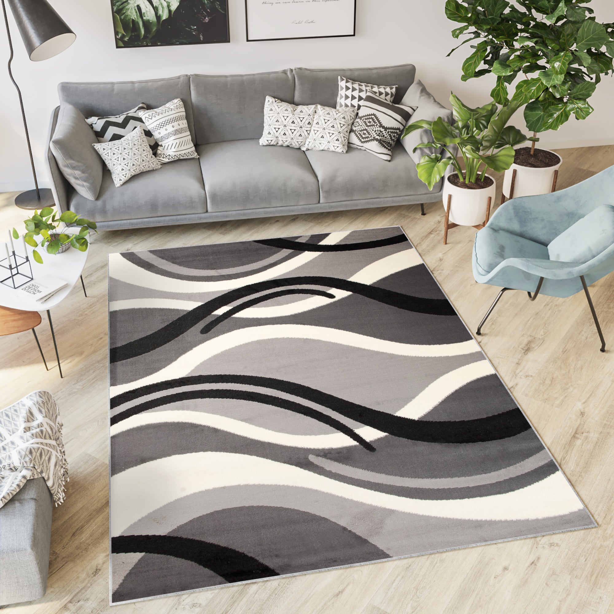 Tapiso dream alfombra salón dormitorio gris negro crema blanco abstracto ondas fina 300 x 400 cm