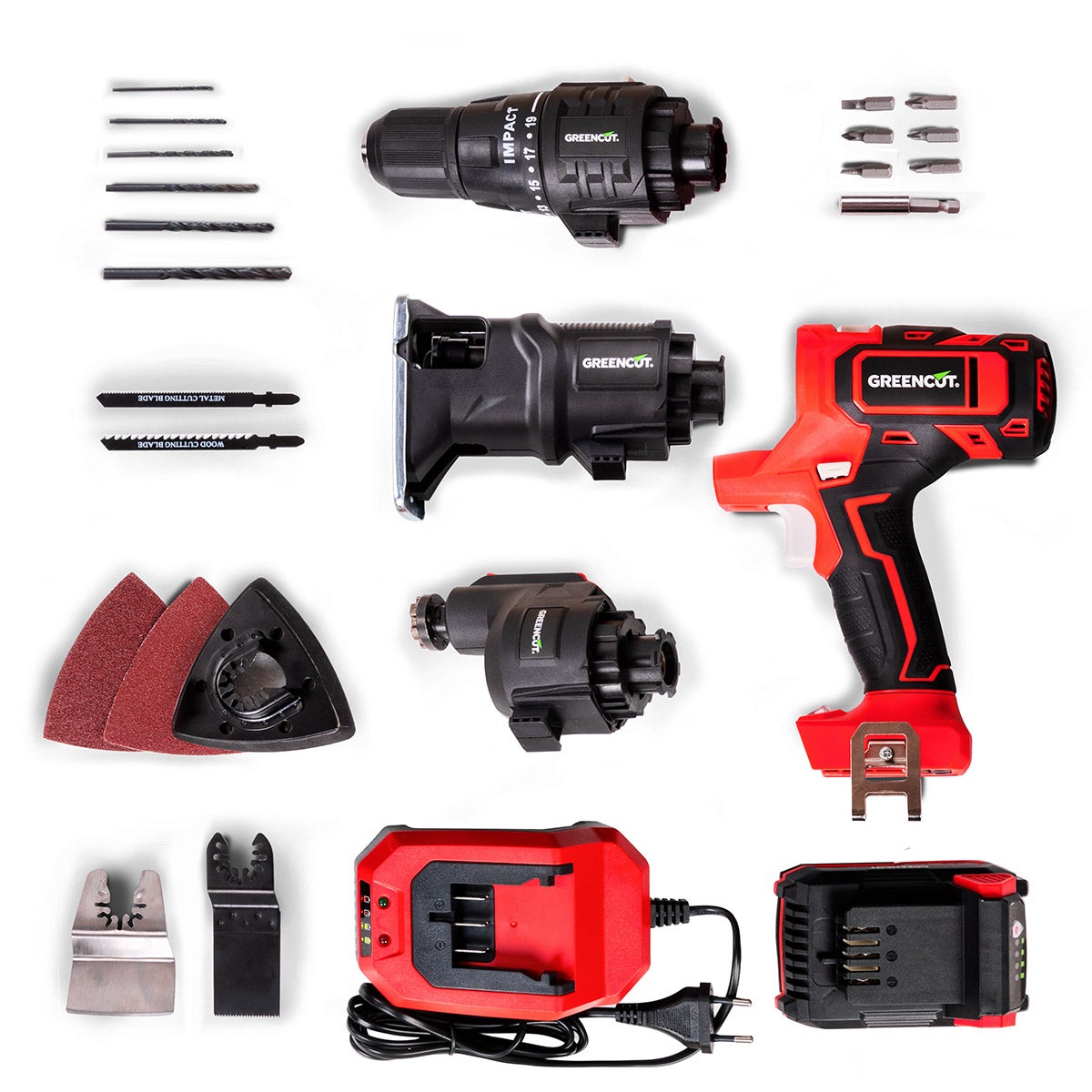 Multiherramienta inalámbrica 20V 3en1, sierra calado, rascador, taladro perforador atornillador, incluye batería 2.0Ah/cargador – Greencut MH202-3