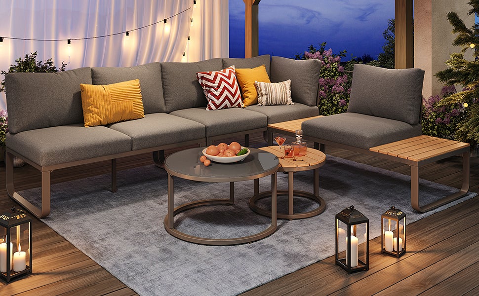 Salon de jardin modulable en fer galvanisé : 2 canapé 2 places + 1 canapé 1 place + 1 tabouret + tables basses gigognes - Gris - 10