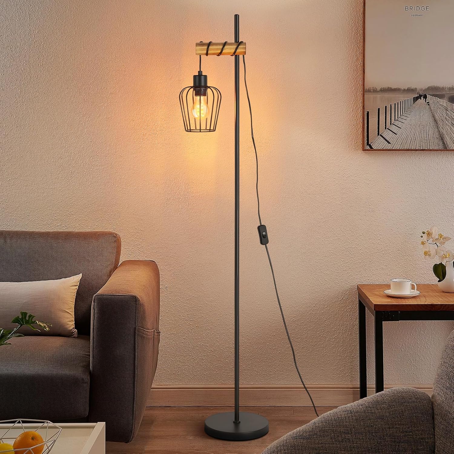 ZMH Lampa podłogowa w stylu vintage drewniana czarna lampa podłogowa z metalu w stylu industrialnym z gniazdem E27 146 cm (bez żarówki)