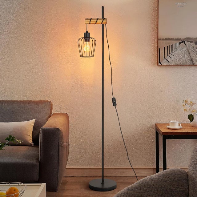 ZMH Lampa podłogowa w stylu vintage drewniana czarna lampa podłogowa z metalu w stylu industrialnym z gniazdem E27 146 cm (bez żarówki)