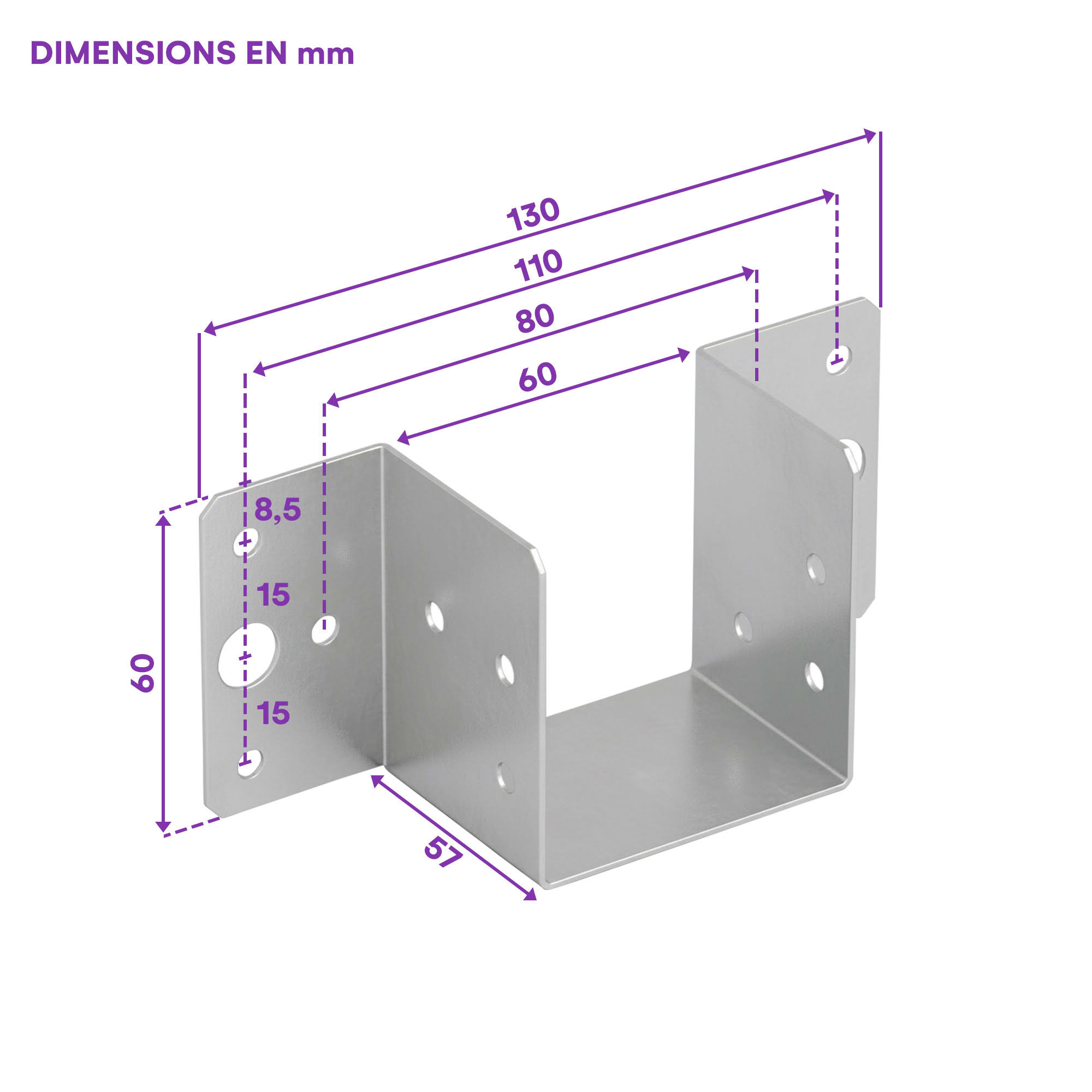 10 sabots de charpente à ailes extérieures - Connecteurs de poutres - Acier galvanisé - Larg 60 x Ht 60 mm - Fabriqué en Europe - 2