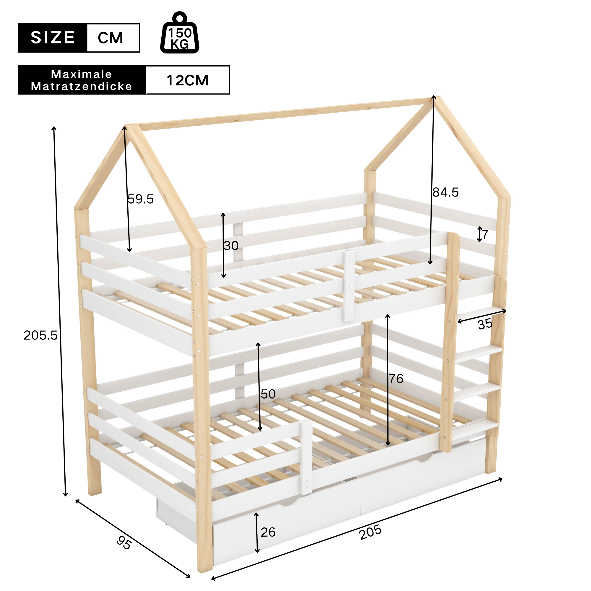 Łóżka piętrowe 2 x 90 x 200 cm z 2 szufladami i drabinką - Drewno lite - Kolor naturalny + biały (materace nie są wliczone w cenę) - 6
