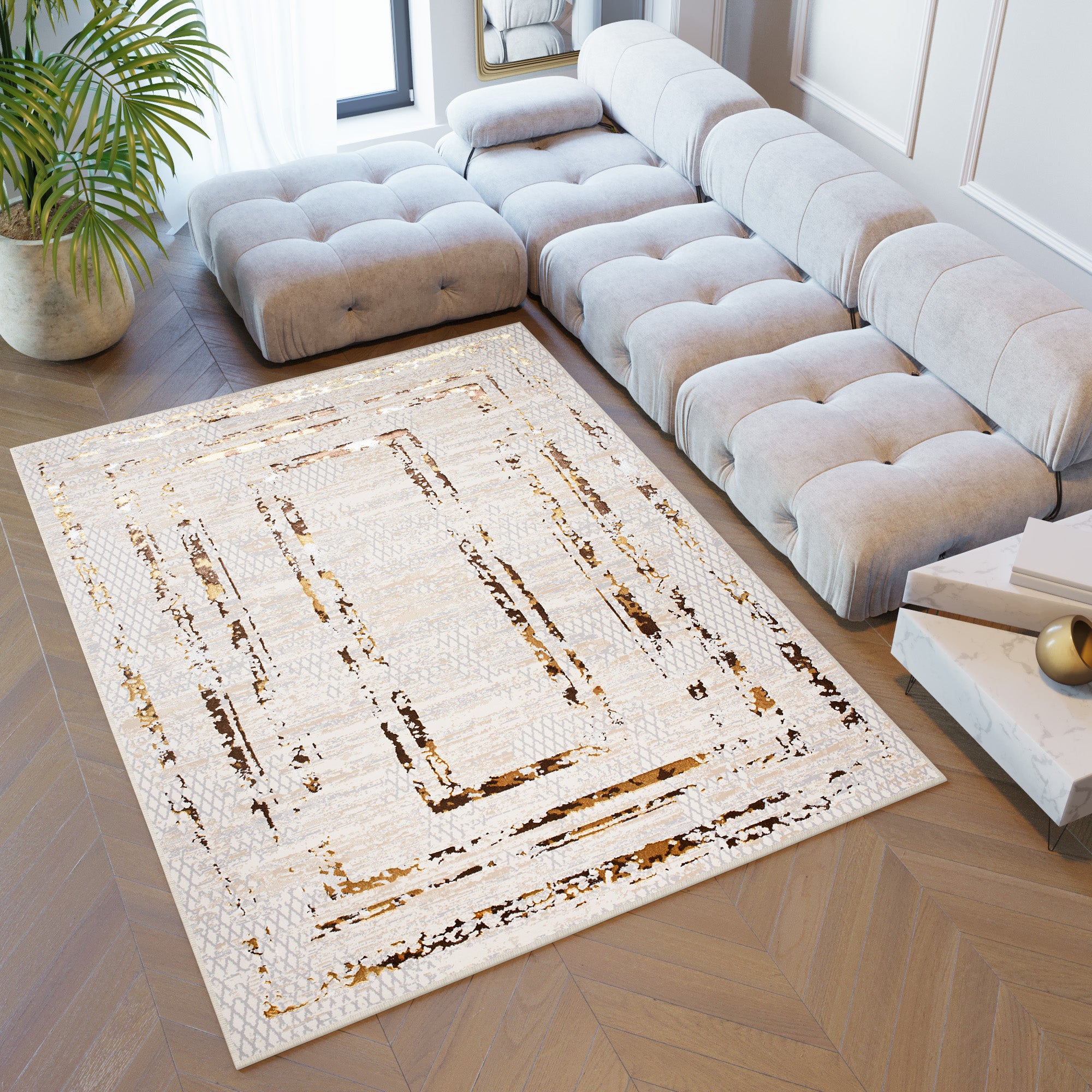 TAPISO Golden Tapis de Salon Moderne Or Beige Gris Crème Marron Moucheté Motif Cadres Doux Poil Court 200 x 300 cm - 6