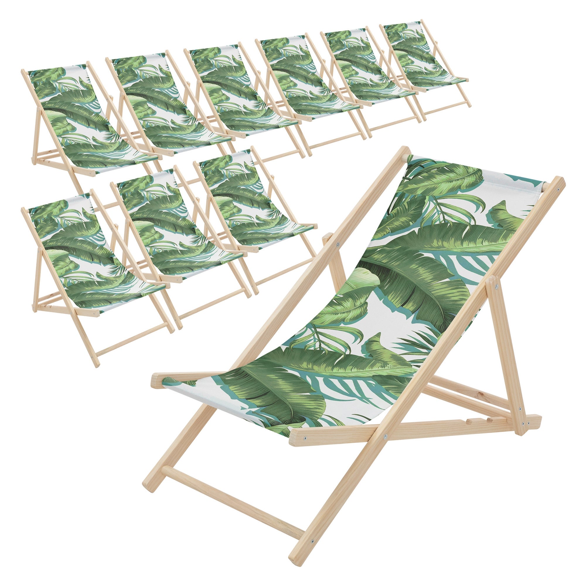 ECD Germany 10x lezak plażowy tropical zielono biały drewniany 3-pozycyjny do 120 kg krzesło relaksacyjne balkon taras ogród komfortowy stabilny