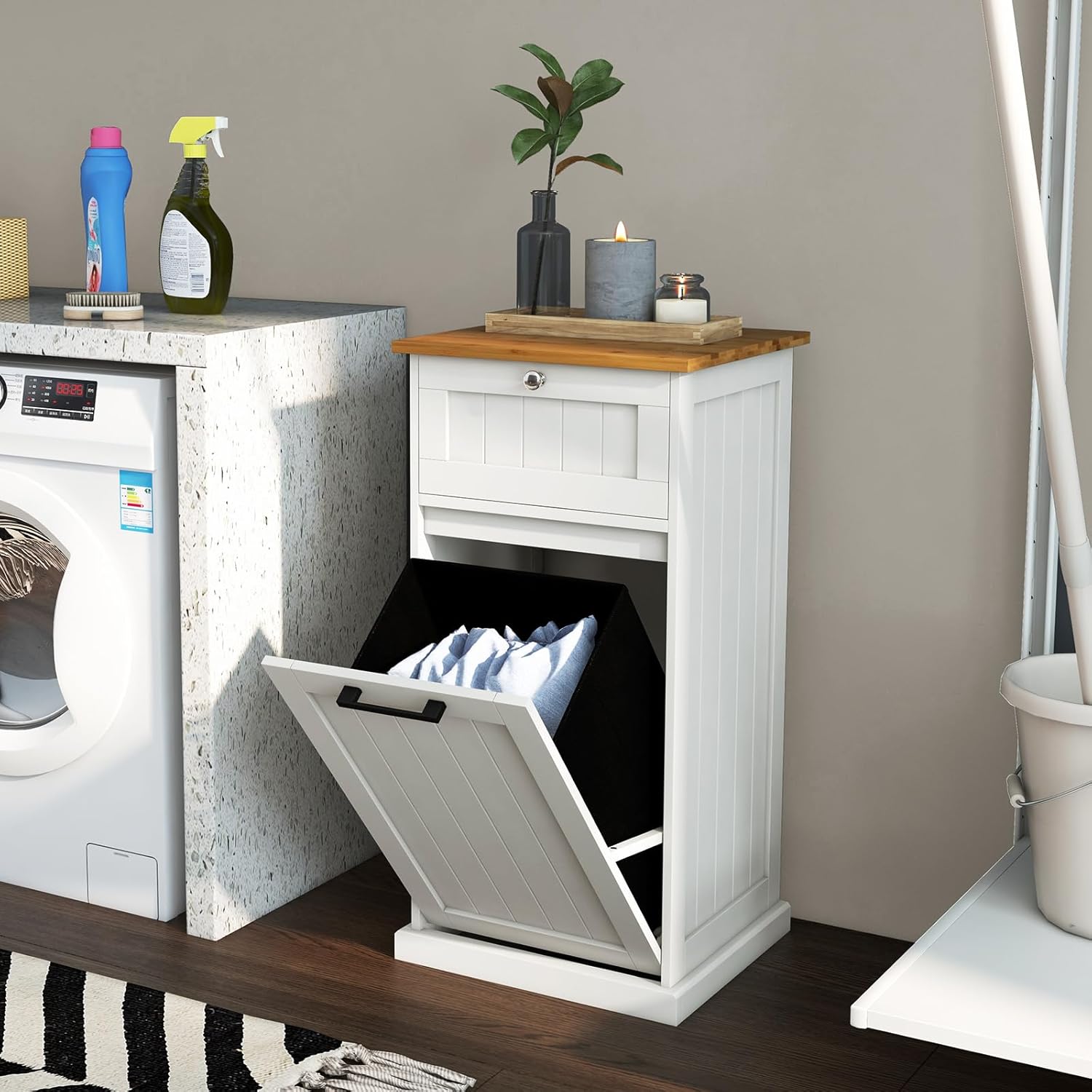 Meuble Salle de Bain avec Panier à Linge, avec Tiroir, Armoire Inclinable & Panier à Linge 38L avec Poignée Portable, 40x37x82 cm (Blanc) - 4