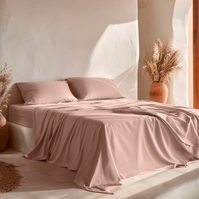 Ensemble de draps uni 4 pièces 100% coton 240x270cm + taie d'oreiller 2(50x75)cm coloris Rose