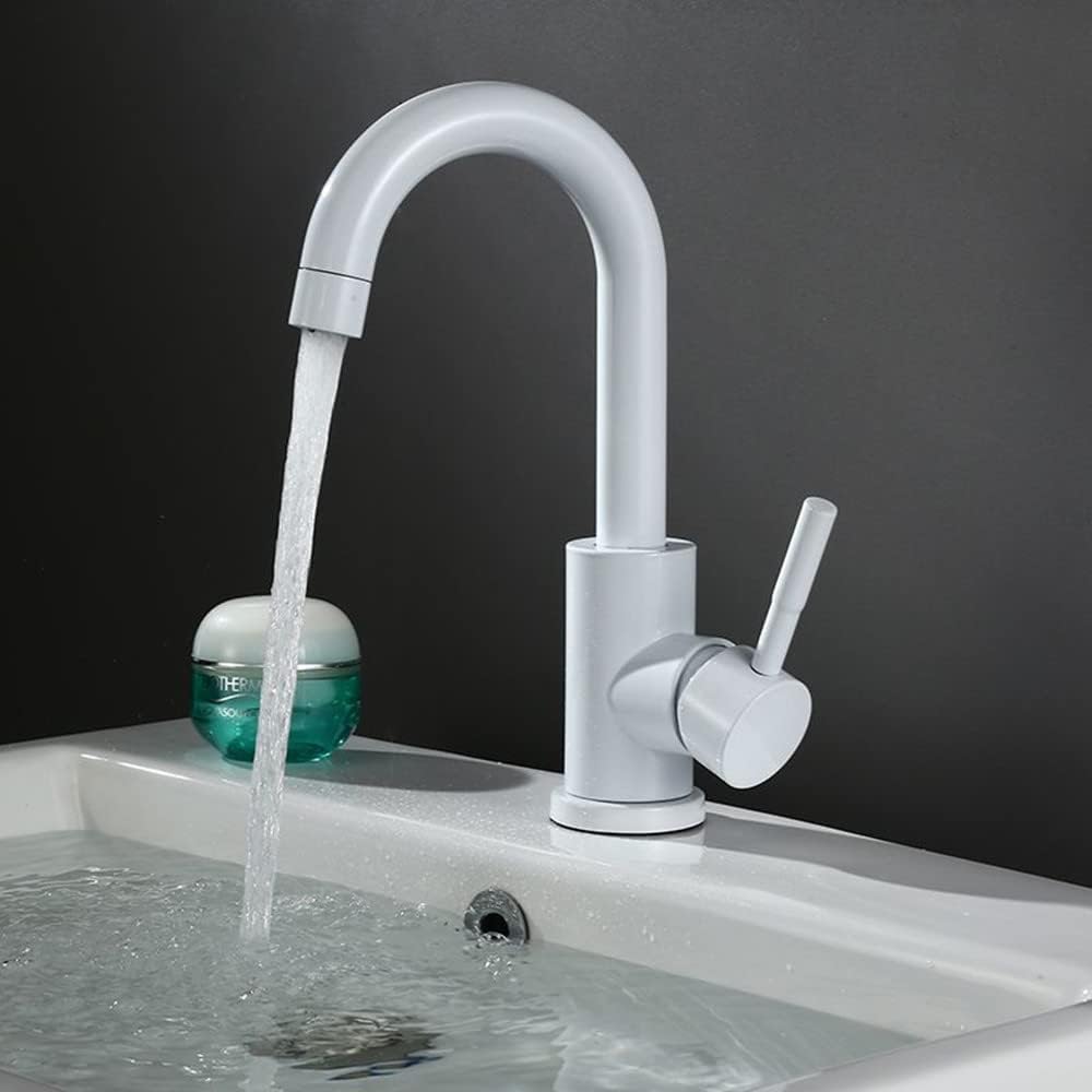 Robinet de lavabo de salle de bains à Arc élevé, mitigeur de lavab acier inoxydable à poignée Unique,robinet de barre à bec obrotowe, peint en blanc - 2