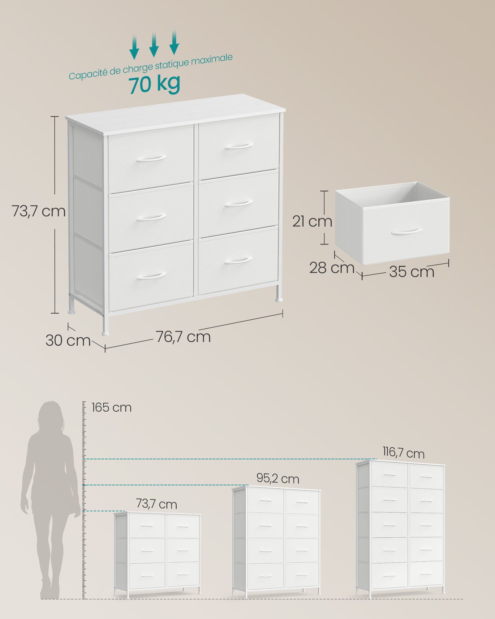 Commode 6 Tiroirs, Meuble de Rangement pour Chambre, Acier, Panneau MDF, Tissu non-tissé, pour Couloir, Entrée, Salon, Blanc Nuage et Blanc Neige - 5
