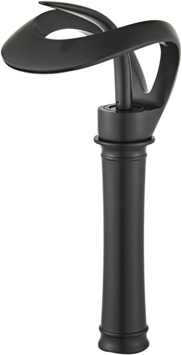 Czarny kran umywalkowy, okrągła wylewka typu wodospad, jeden uchwyt, jeden otwór do mieszania wody ciepłej i zimnej.