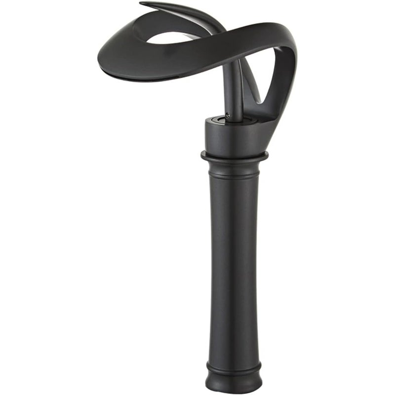 Czarny kran umywalkowy, okrągła wylewka typu wodospad, jeden uchwyt, jeden otwór do mieszania wody ciepłej i zimnej.