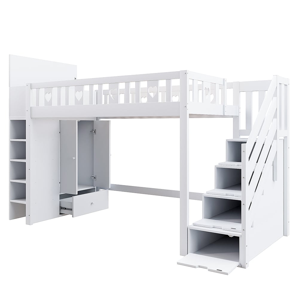 Letto a soppalco, 90*200 cm, scala di contenimento, ripiani, armadietti a cerniera, zona spogliatoio sotto il letto, maniglie d'amore, bianco - 4