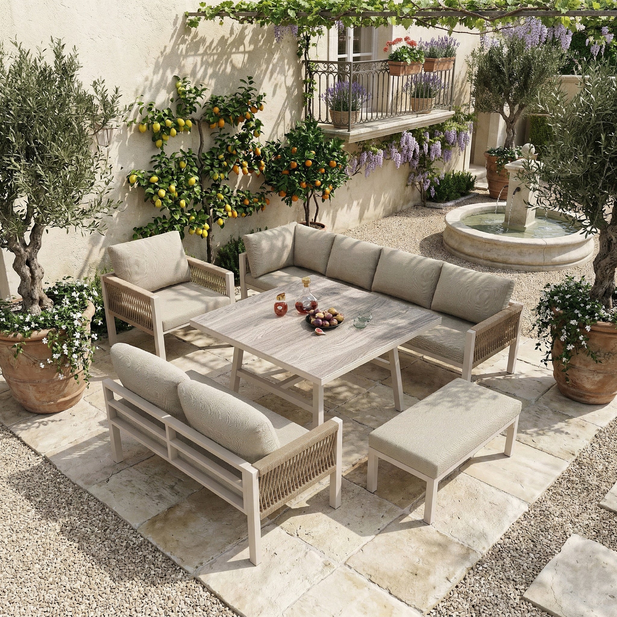 URBAN MEUBLE Salon De Jardin En L Forme 8 Places Coussins Beiges Table urban-meuble-salon-de-jardin-en-l-forme-8-places-coussins-beiges-table