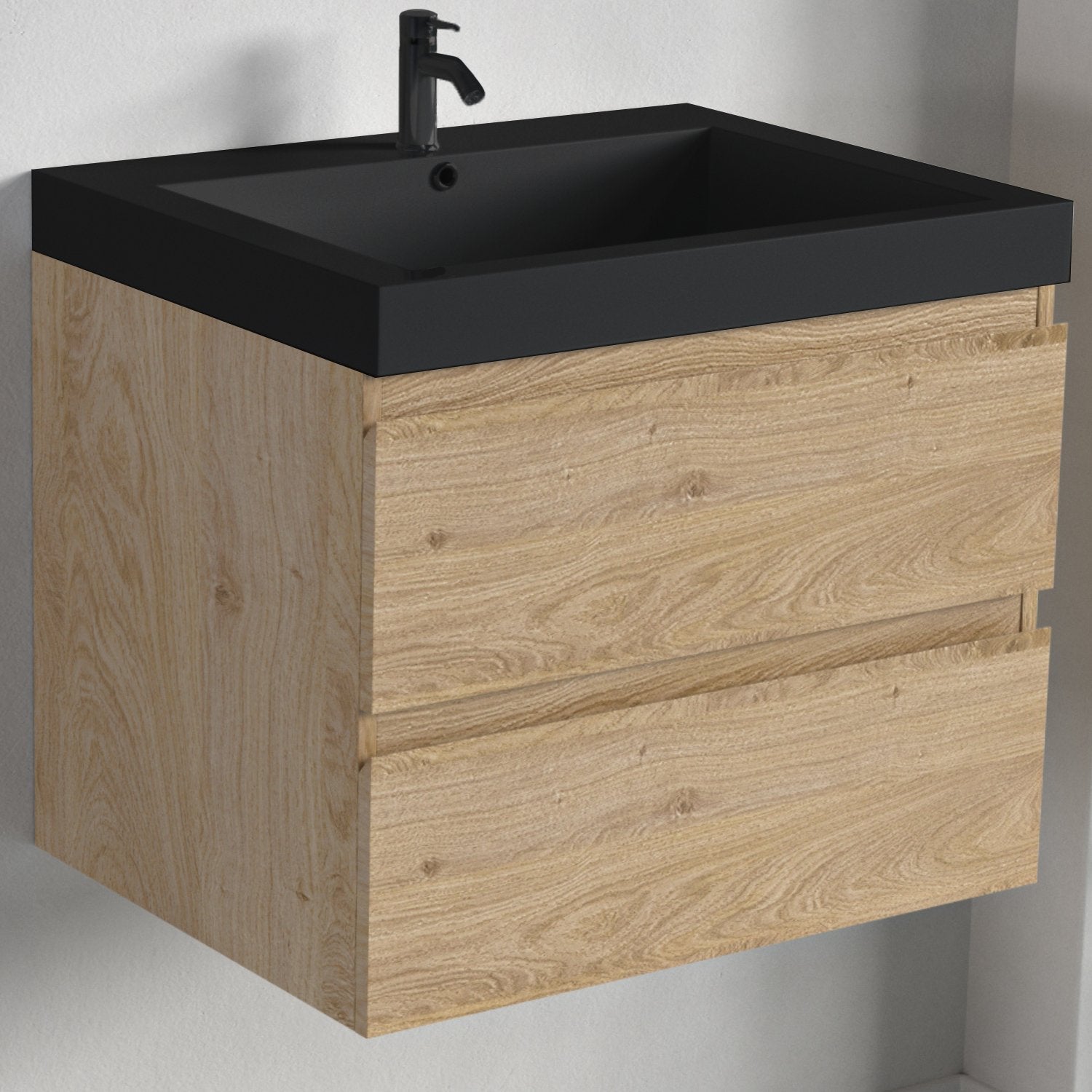 LOMAZOO Meuble de Salle de Bain 60cm Chêne Clair - Vasque Noire - Meuble Sous-Vasque Suspendu [MONACO] - 4