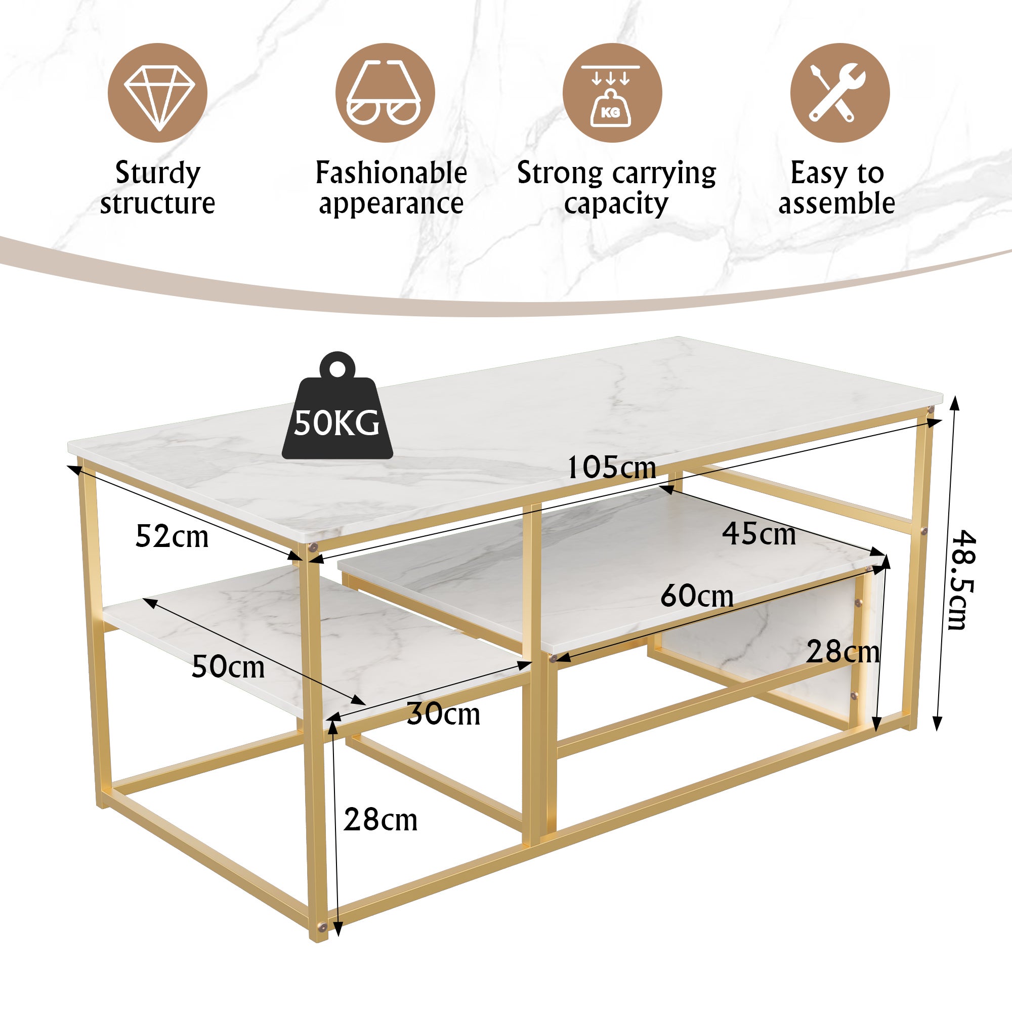 Ensemble de 2 Tables Basses Rectangle, Tables Gigognes de Salon Modernes avec Pieds en Métal, Panneau de Marbre, Doré(105 x 52 x 48.5cm) - 2