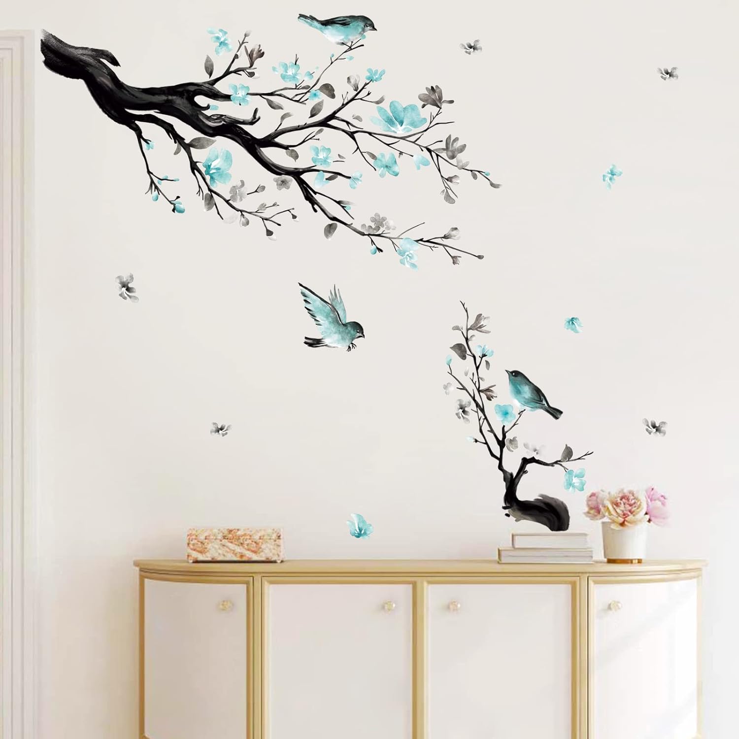 Stickers Muraux Branche de Fleur Autocollant Mural Fleurs Bleues Arbre ...