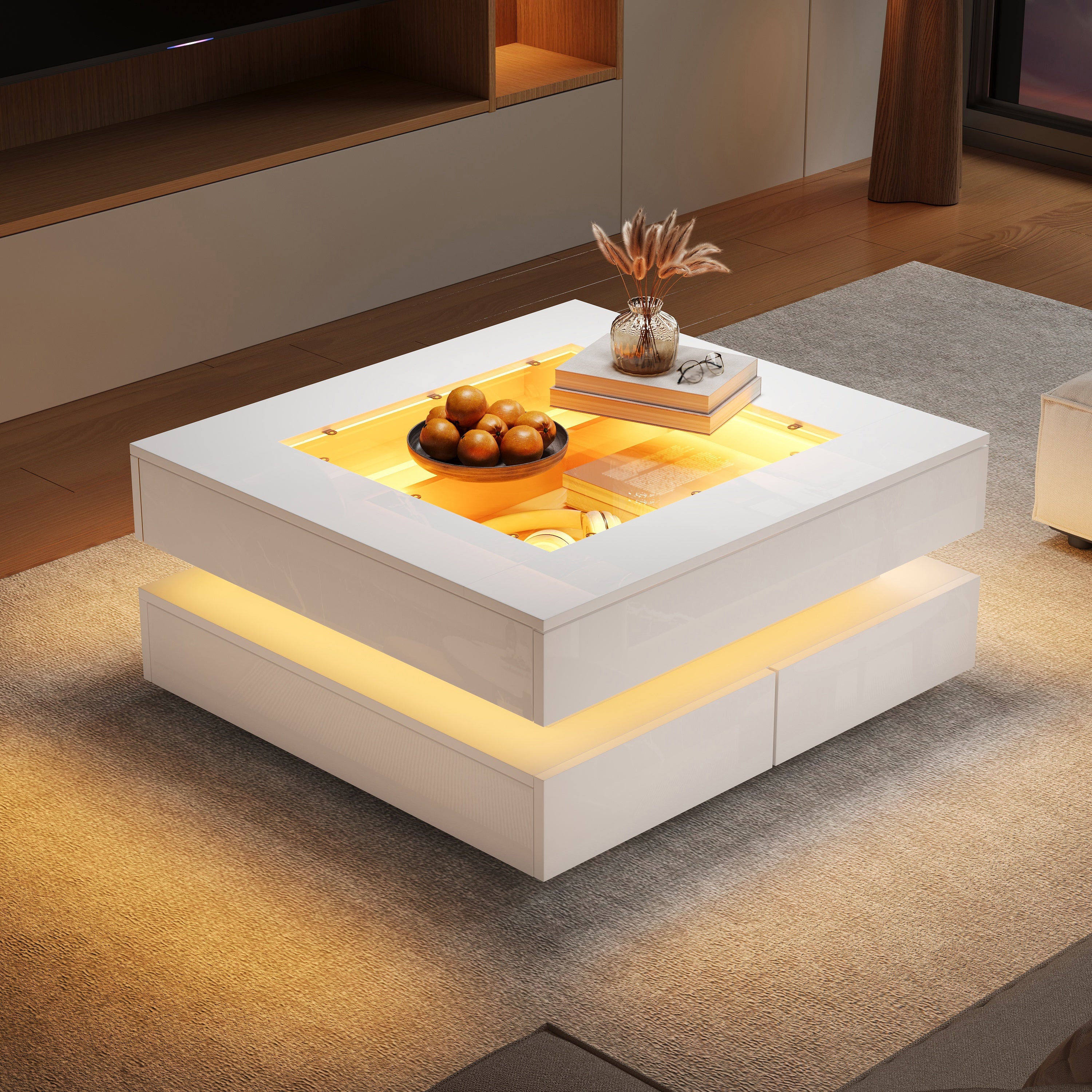 Stolik kawowy kwadratowy 70 x 70 x 35 cm z 3 szufladami i diodami LED - Płyta wiórowa i szkło - Styl nowoczesny - Biały