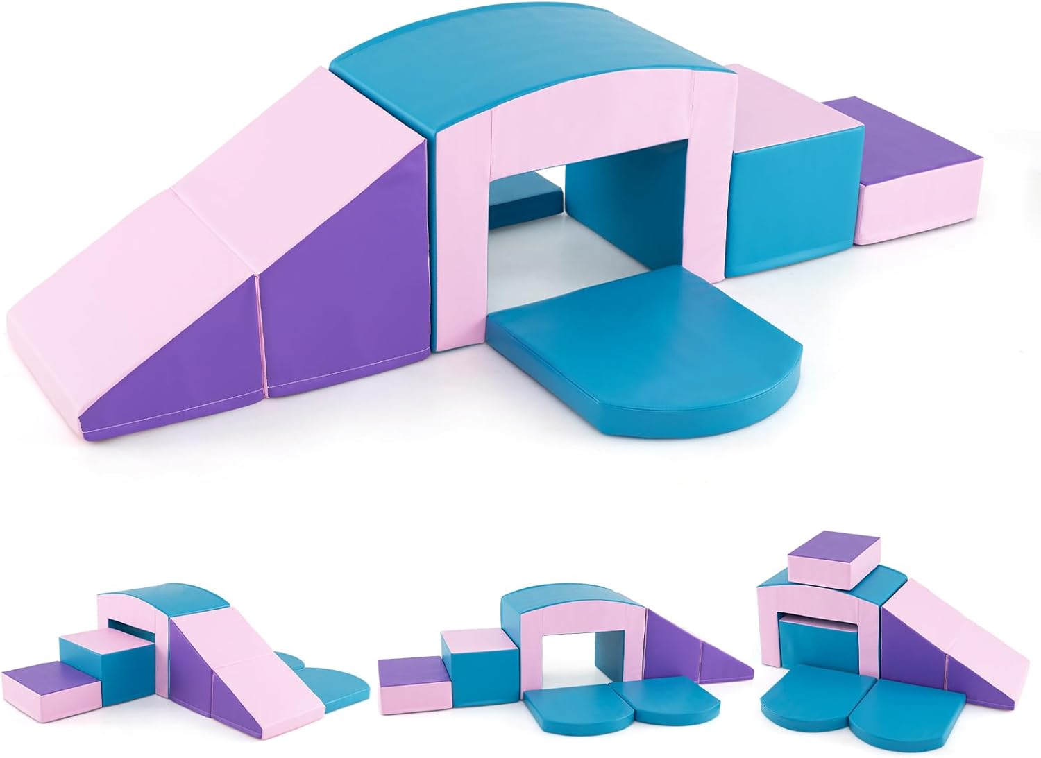 7 Szt. Tor Przeszkód dla Niemowląt, Moduł Ruchowy z Pianki PU z Wypełnieniem EPE, dla Dzieci Powyżej 12 Miesięcy (Niebieski + Fioletowy)