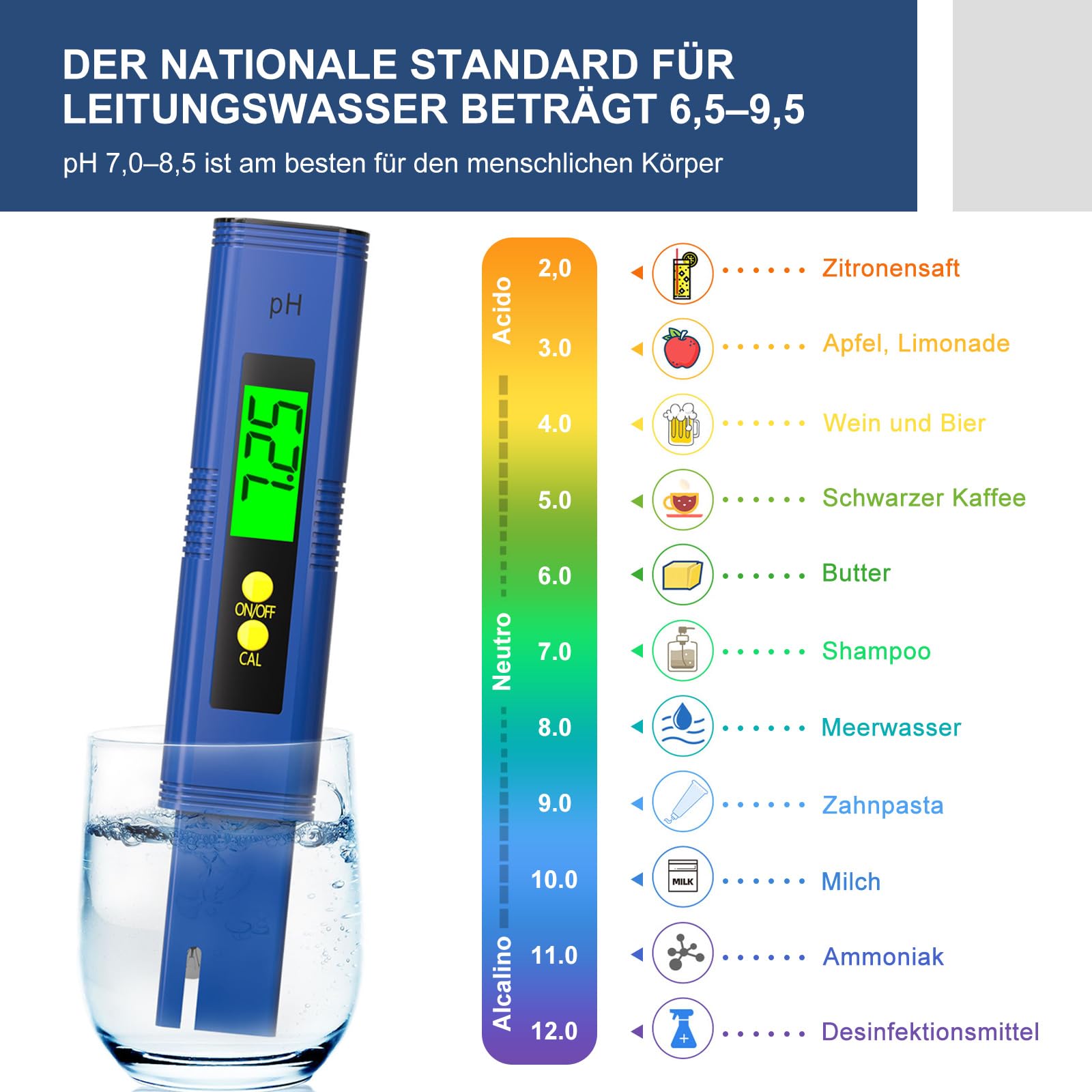 Misuratore di pH portatile, ad alta precisione, con retroilluminazione, penna per test del pH, tester della qualità dell'acqua della piscina - 3