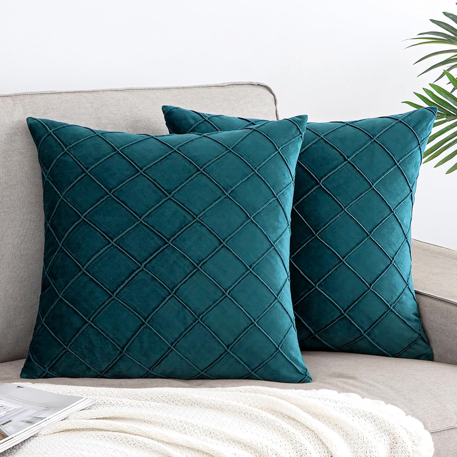 Lot de 2 housses de coussin en velours, motif quadrillé saillant, style européen, 42x42 cm, bleu-vert, pour canapé, chambre. - 3