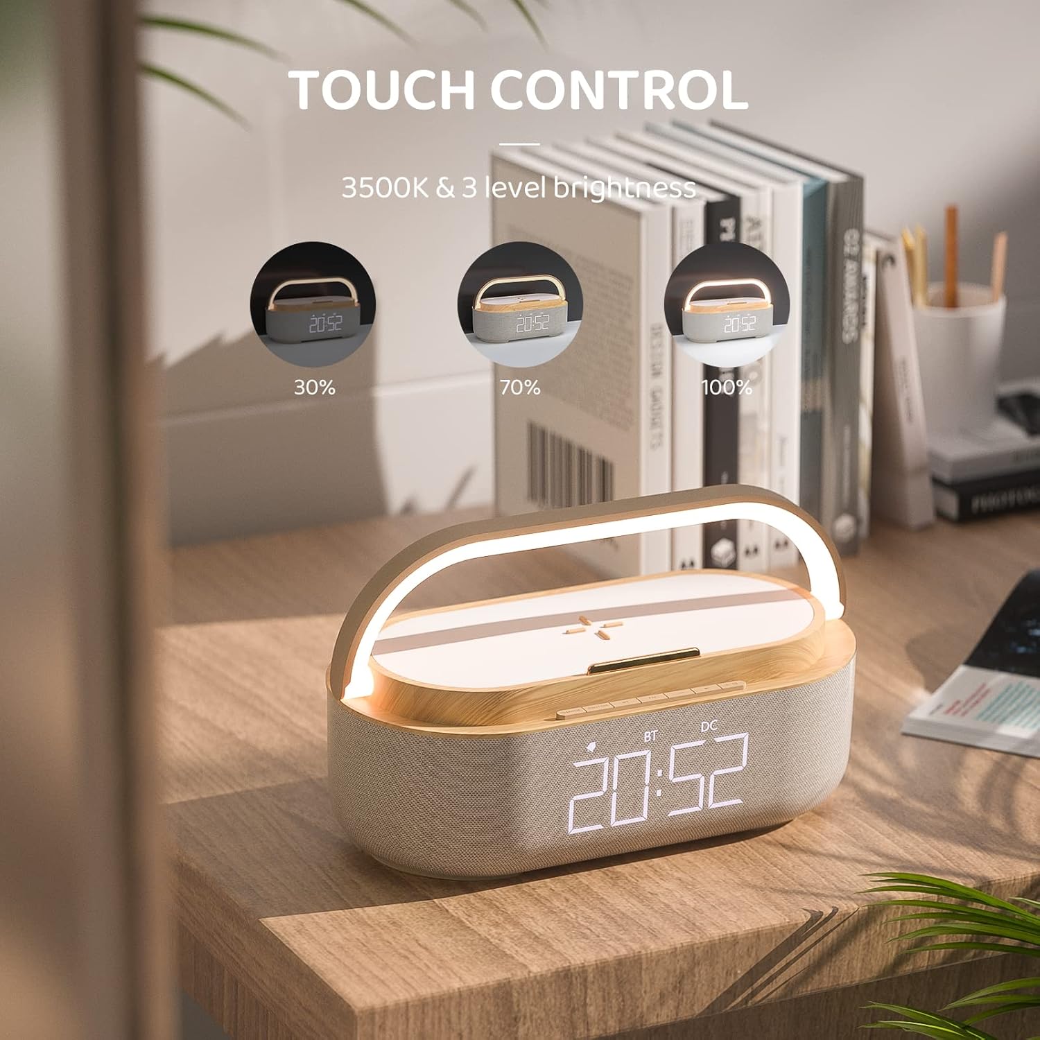 Réveil Bluetooth avec chargeur sans fil, radio FM, veilleuse LED réglable, enceinte portable 6 en 1 pour chambre à coucher, 2&nbsp;500 mAh - 4