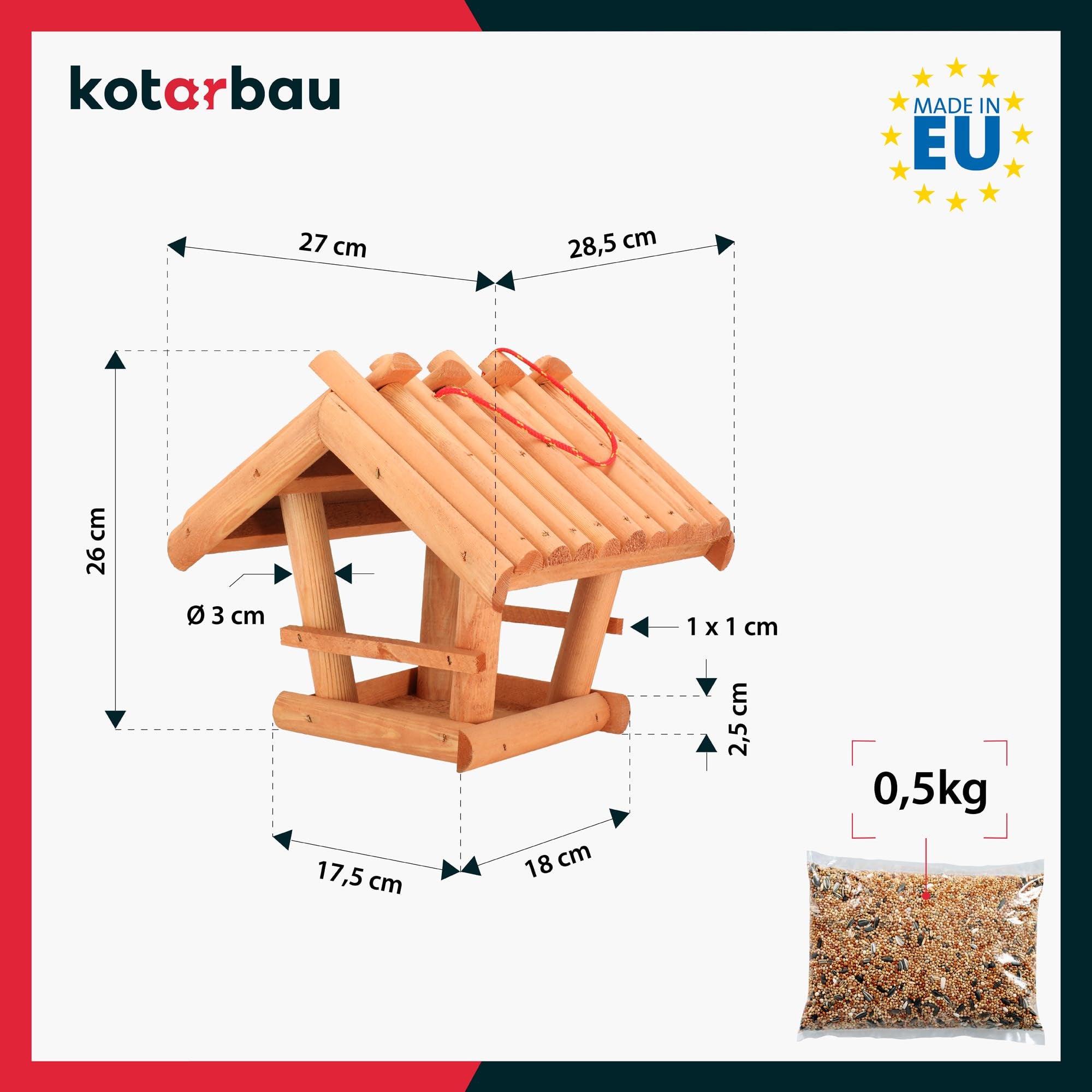 Karmnik Drewniany - 26 CM - Budka dla Ptaków z Daszkiem - Domek dla Wróbli - Karma Pokarm dla Ptaków 0,5 kg KOTARBAU - 3