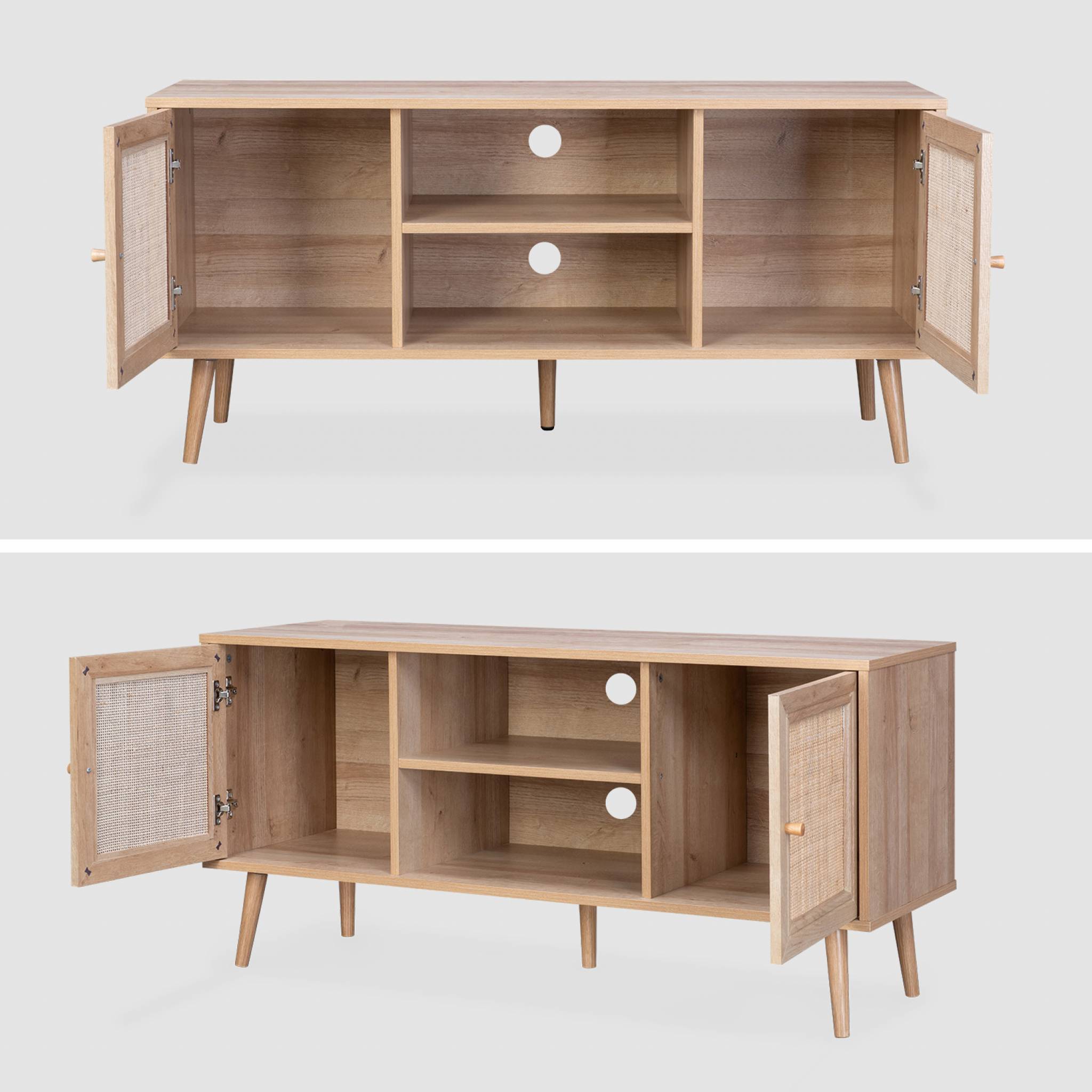 Meuble TV en cannage 120x39x56.5cm - Bohème - Naturel. 2 niveaux. 2 étagères. 2 portes. pieds scandinaves BOHÈME - 5