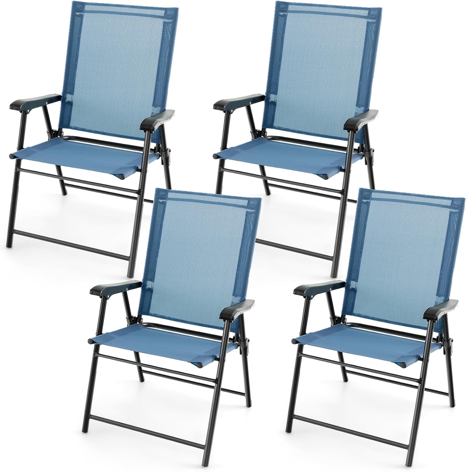 Zestaw 4 Składanych Krzeseł Ogrodowych z Poręczami, Oddychającą Tkaniną i Metalową Ramą, Krzesła z Oparciem z Tkaniny do Ogrodu, Patio, Niebieskie