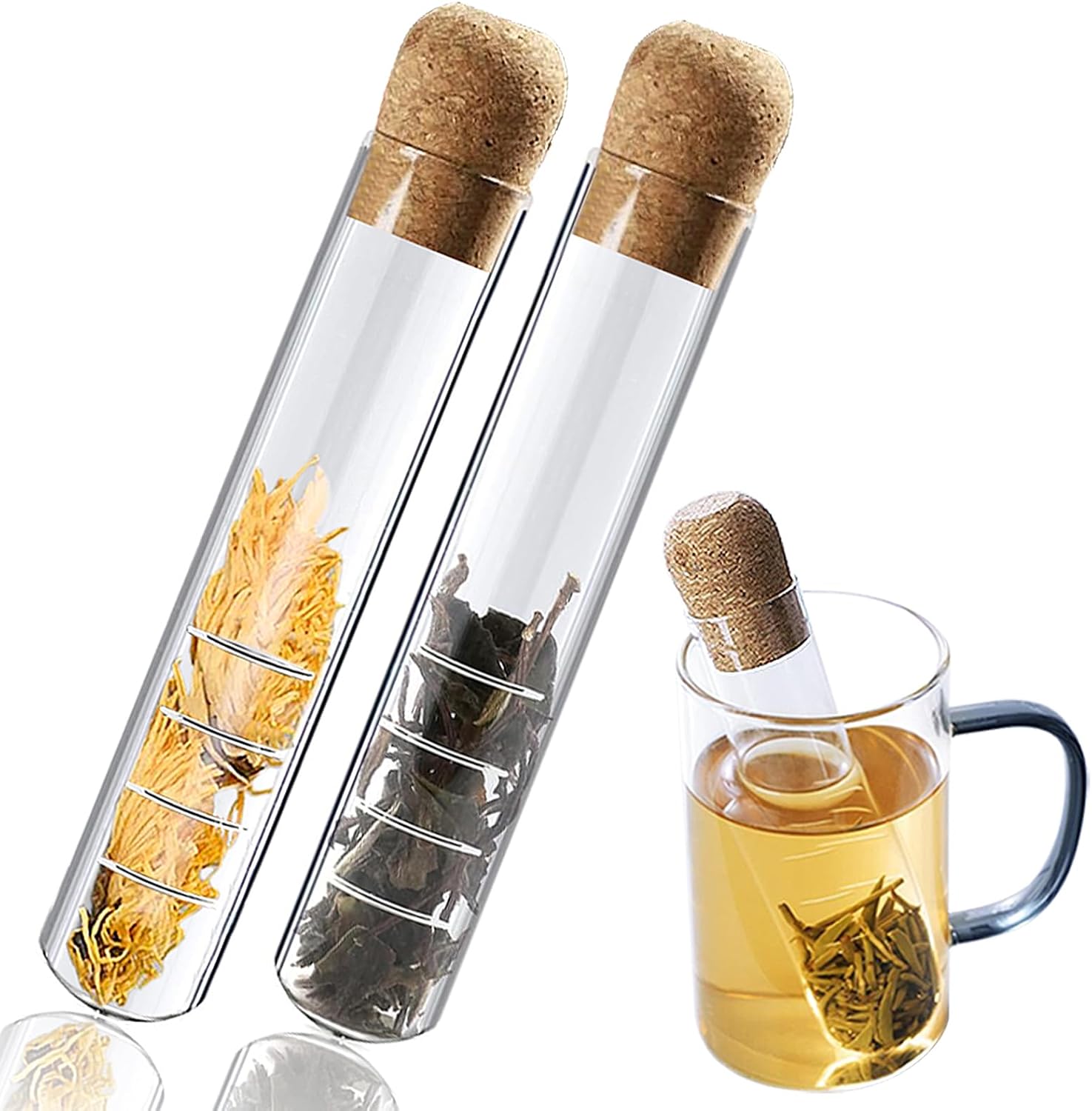 Przezroczyste szklane sitka do herbaty, 2 sztuki z korkiem, żaroodporne szklane zaparzacze do herbaty, wielokrotnego użytku zaparzacz do herbaty (15