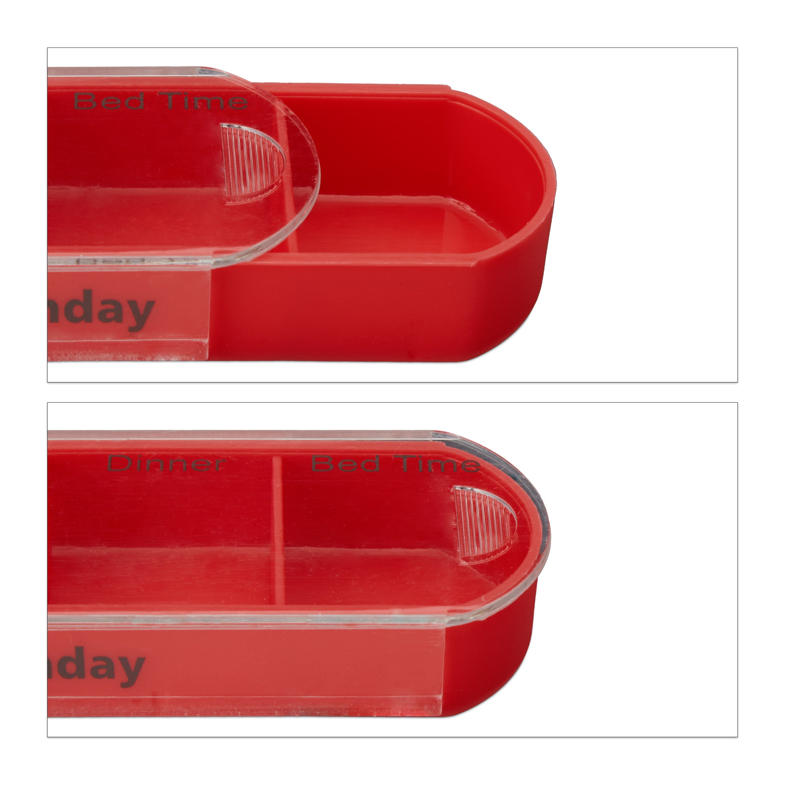 Portapillole 7 Giorni, Porta Pastiglie Settimanale, 4 Scomparti, Inglese, Coperchio Scorrevole, Bianco Rosso, Relaxdays - 7