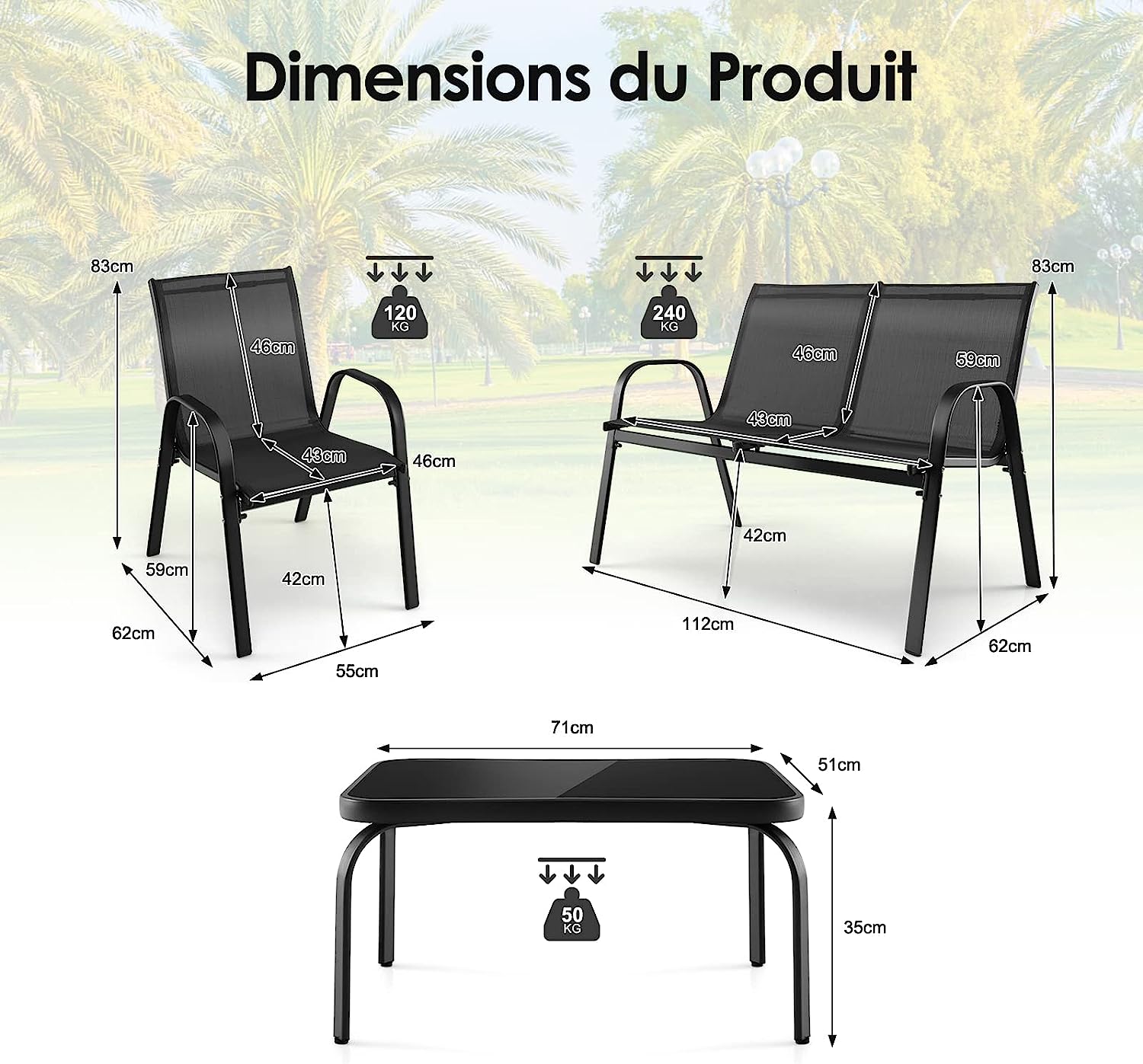 Ensemble Salon de Jardin 4 Pièces, 2 Fauteuils 1 Canapé 1 Table Basse en Verre, Gris - 5