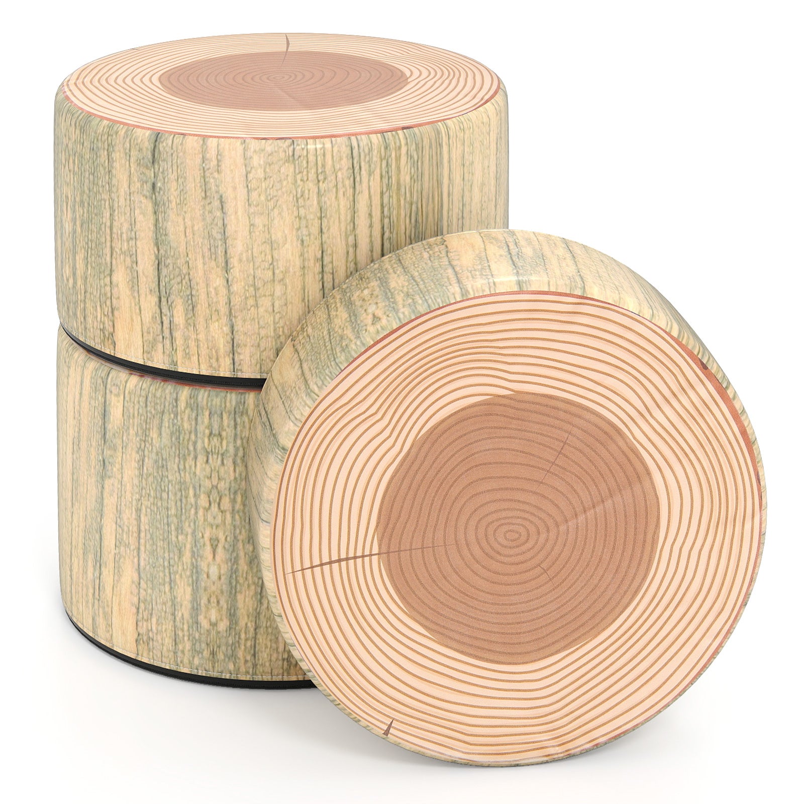 Set de 3 taburete în formă de butuc de copac, perne de podea copii imprimeu lemn natural, înălțimi variate, pentru casă, grădiniță, verde 3buc